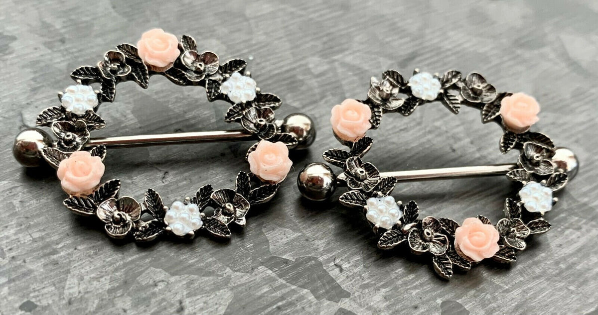 PAIR of Stunning Floral Wreath Steel Barbell Nipple Ring/Shields - Wearable Length 14mm - Barbell Length 28mm - Silver and Gold available!