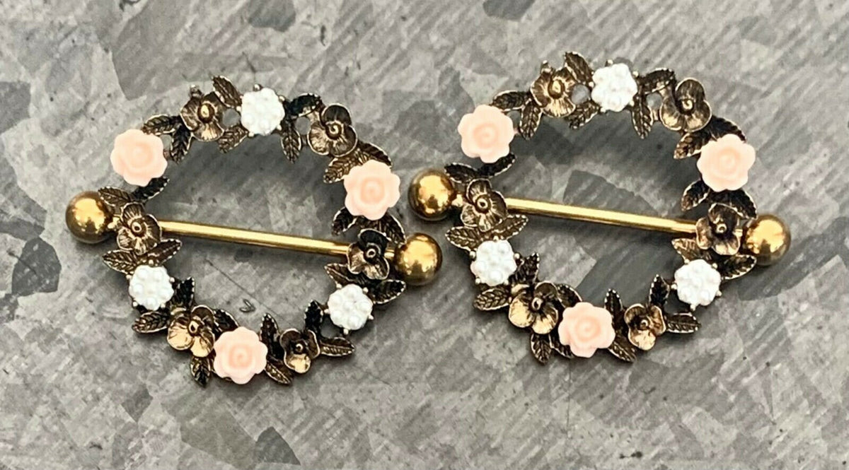 PAIR of Stunning Floral Wreath Steel Barbell Nipple Ring/Shields - Wearable Length 14mm - Barbell Length 28mm - Silver and Gold available!