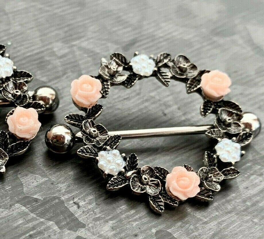 PAIR of Stunning Floral Wreath Steel Barbell Nipple Ring/Shields - Wearable Length 14mm - Barbell Length 28mm - Silver and Gold available!