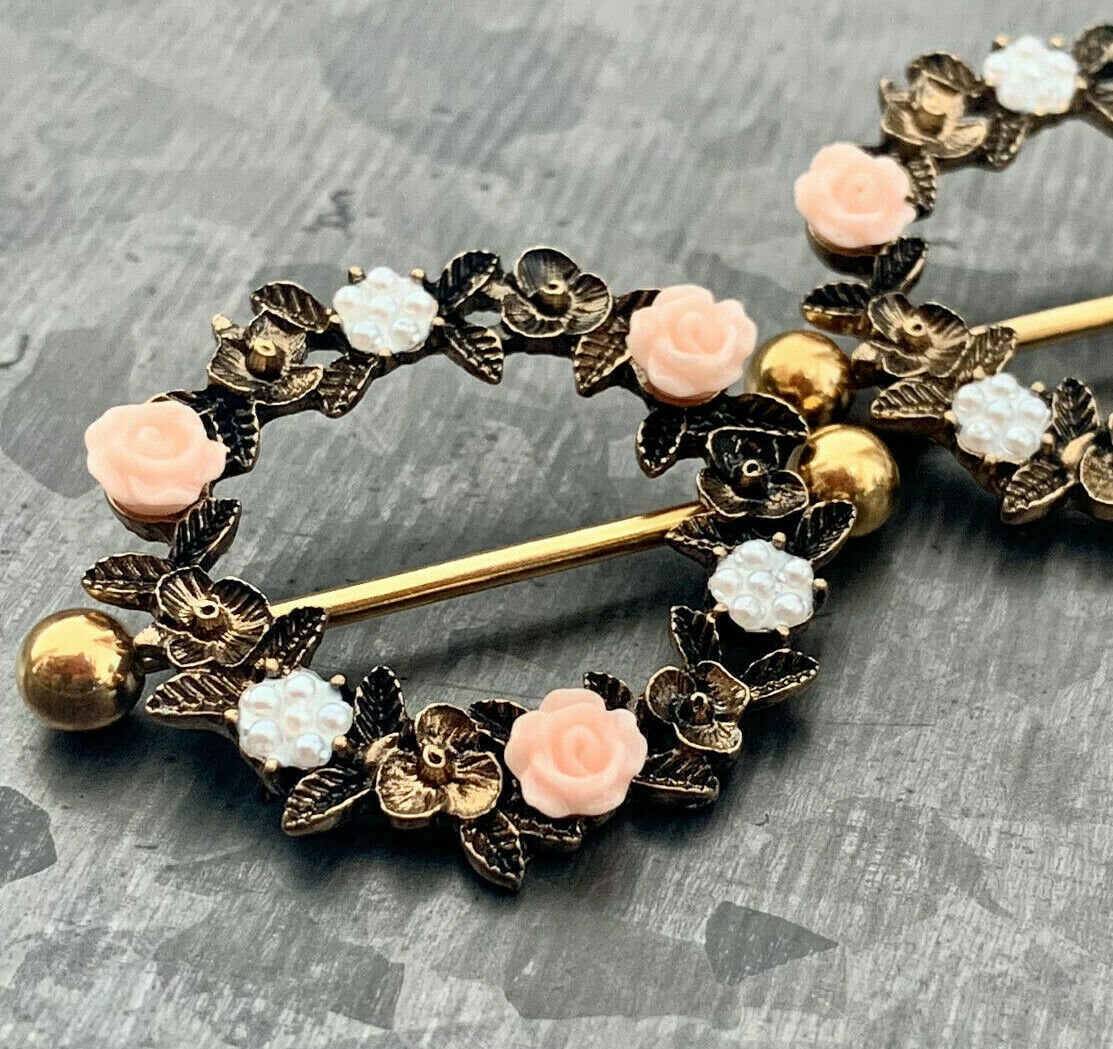 PAIR of Stunning Floral Wreath Steel Barbell Nipple Ring/Shields - Wearable Length 14mm - Barbell Length 28mm - Silver and Gold available!