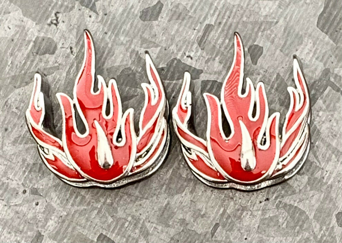 PAIR of Unique Red Flames Steel Saddle Ear Spreader Tunnels/Plugs - Gauges 00g (10mm) thru 1" (25mm) available!