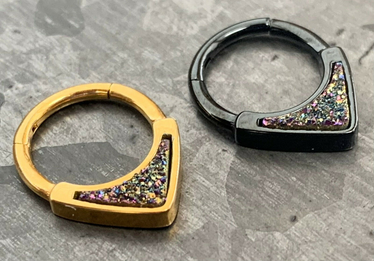 1 Piece Stunning Druzy Inlay Hinged Septum Segment Ring - 16g - 8mm or 10mm Internal Diameter - Black & Gold available!