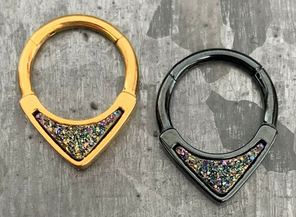 1 Piece Stunning Druzy Inlay Hinged Septum Segment Ring - 16g - 8mm or 10mm Internal Diameter - Black & Gold available!