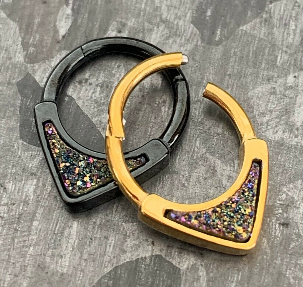 1 Piece Stunning Druzy Inlay Hinged Septum Segment Ring - 16g - 8mm or 10mm Internal Diameter - Black & Gold available!