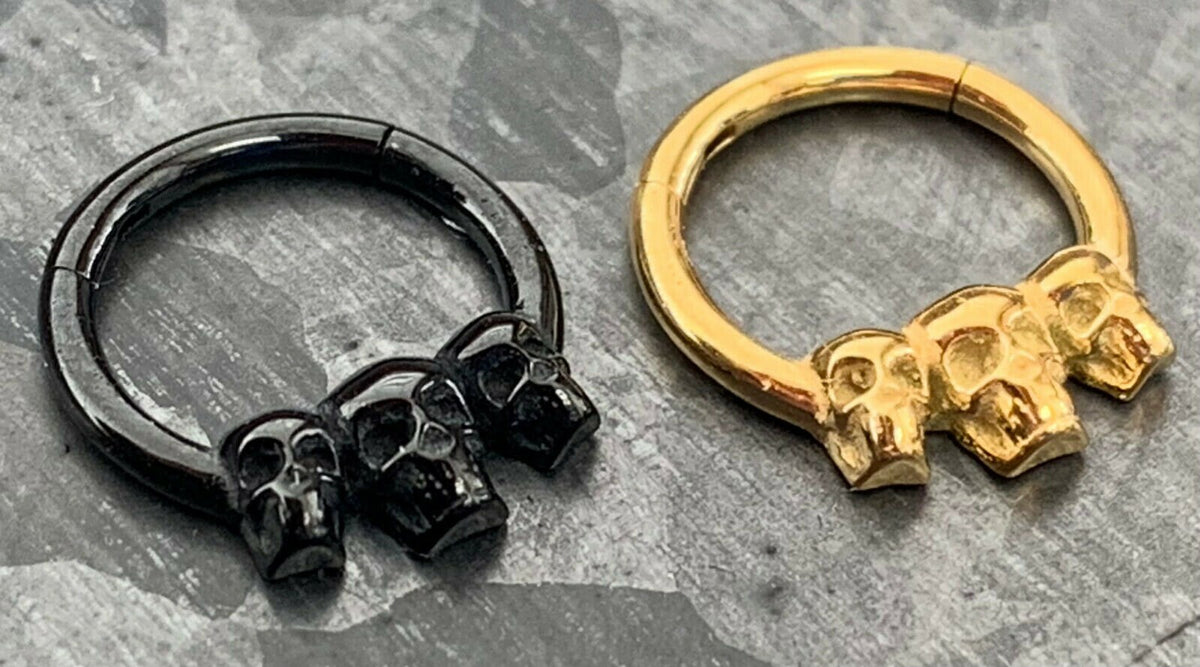 1 Piece Unique Triple Skull Hinged Segment Septum Clicker Ring - 16g - 8mm Internal Diameter - Black or Gold Available!