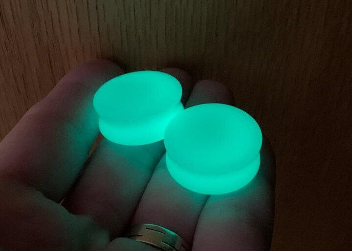 PAIR of Beautiful Glow in the Dark Moonstone Double Flare Stone Plugs - Gauges 2g (6mm) up to 1" (25mm) available!