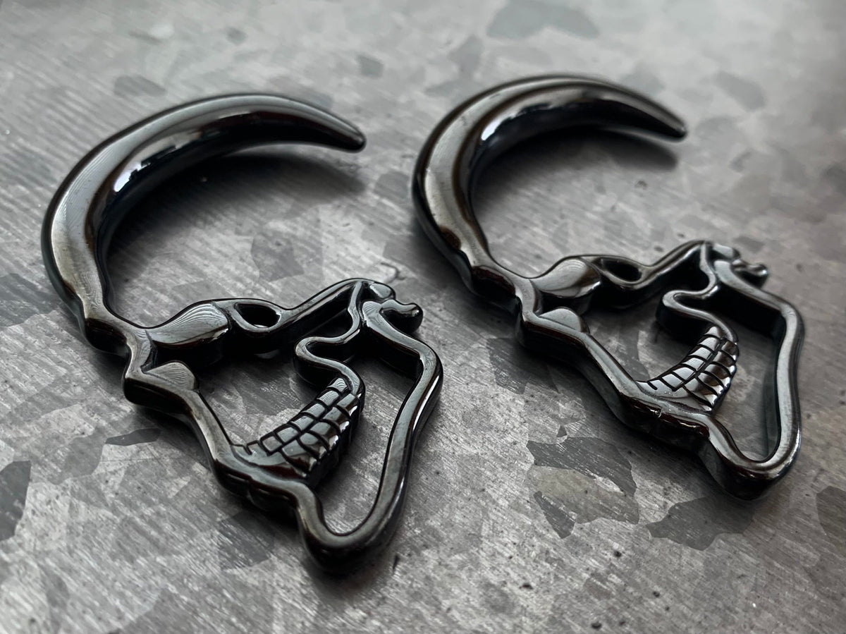 PAIR of Unique Black Steel Skull Hanging Tapers - Expanders - Gauges 10g thru 0g (8mm) available!