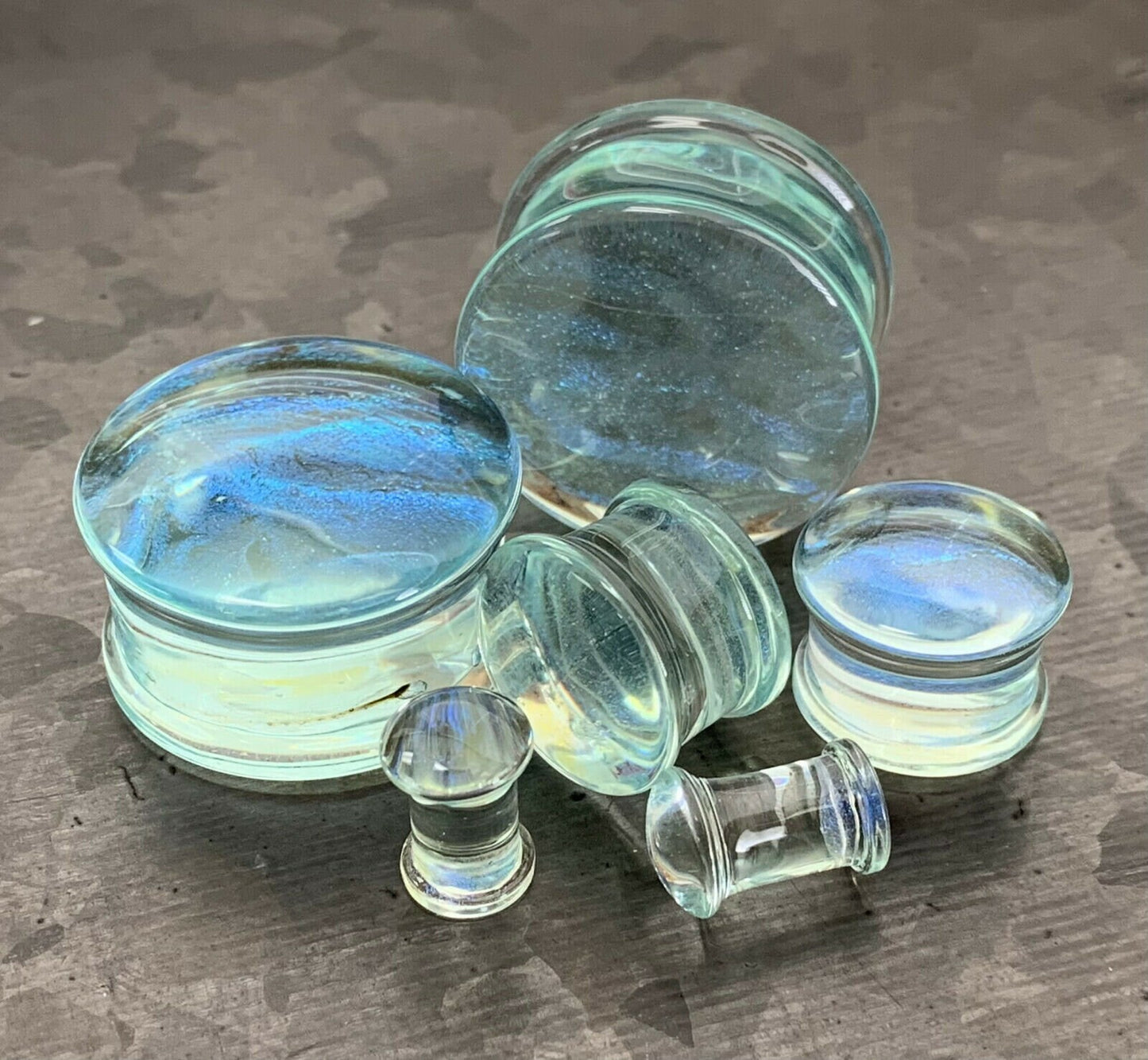 PAIR of Stunning Blue Green Ocean Iridescent Glass Double Flare Plugs - - Gauges 2g (6mm) through 1" (25mm) available!