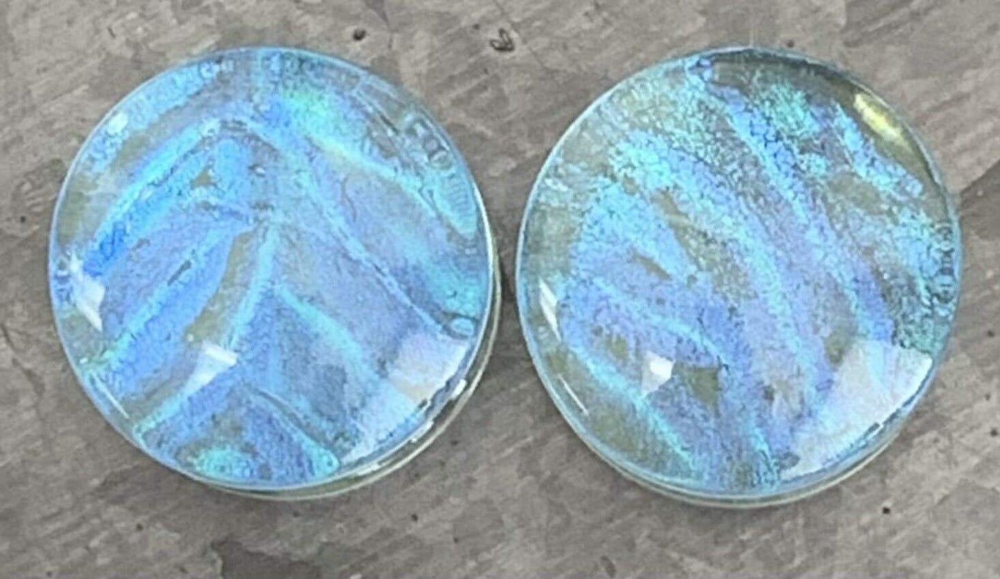 PAIR of Stunning Blue Green Ocean Iridescent Glass Double Flare Plugs - - Gauges 2g (6mm) through 1" (25mm) available!