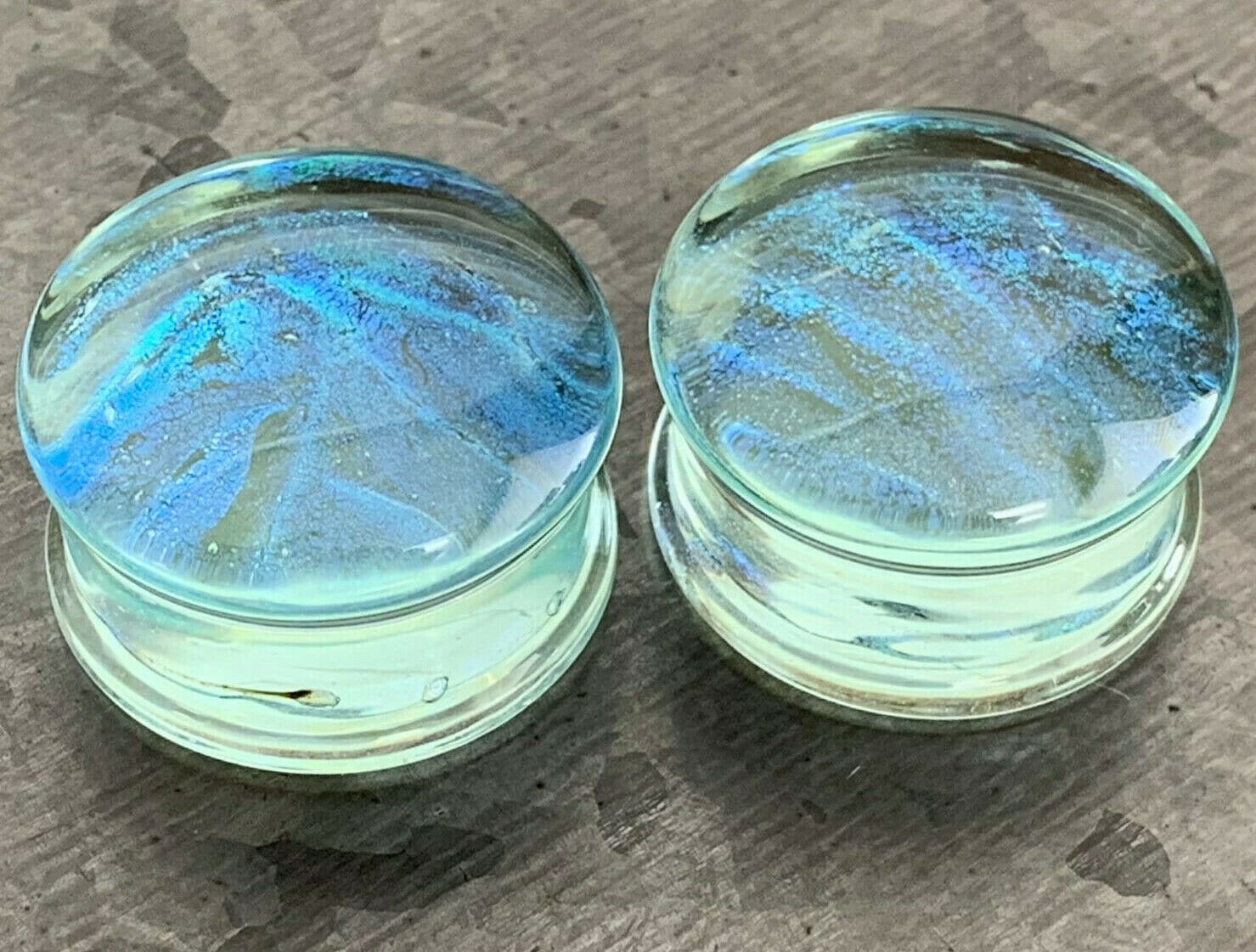 PAIR of Stunning Blue Green Ocean Iridescent Glass Double Flare Plugs - - Gauges 2g (6mm) through 1" (25mm) available!