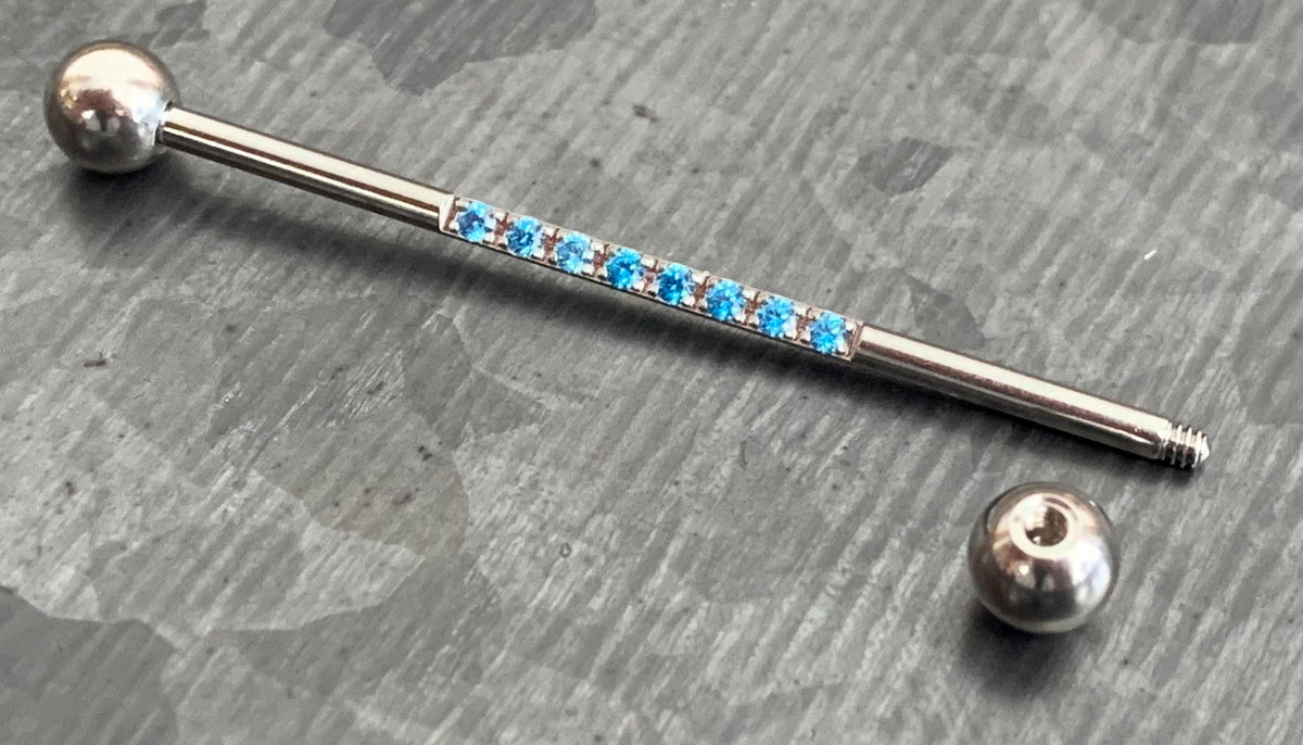 1 Piece Stunning CNC Set Lined CZ Gems Industrial Barbell - 14g, Length 38mm 1.5" - Silver, Black, Gold, Rose Gold and Multi-Color!