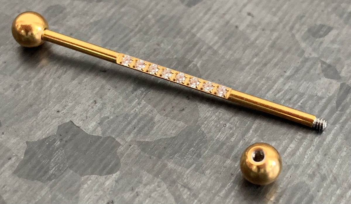 1 Piece Stunning CNC Set Lined CZ Gems Industrial Barbell - 14g, Length 38mm 1.5" - Silver, Black, Gold, Rose Gold and Multi-Color!