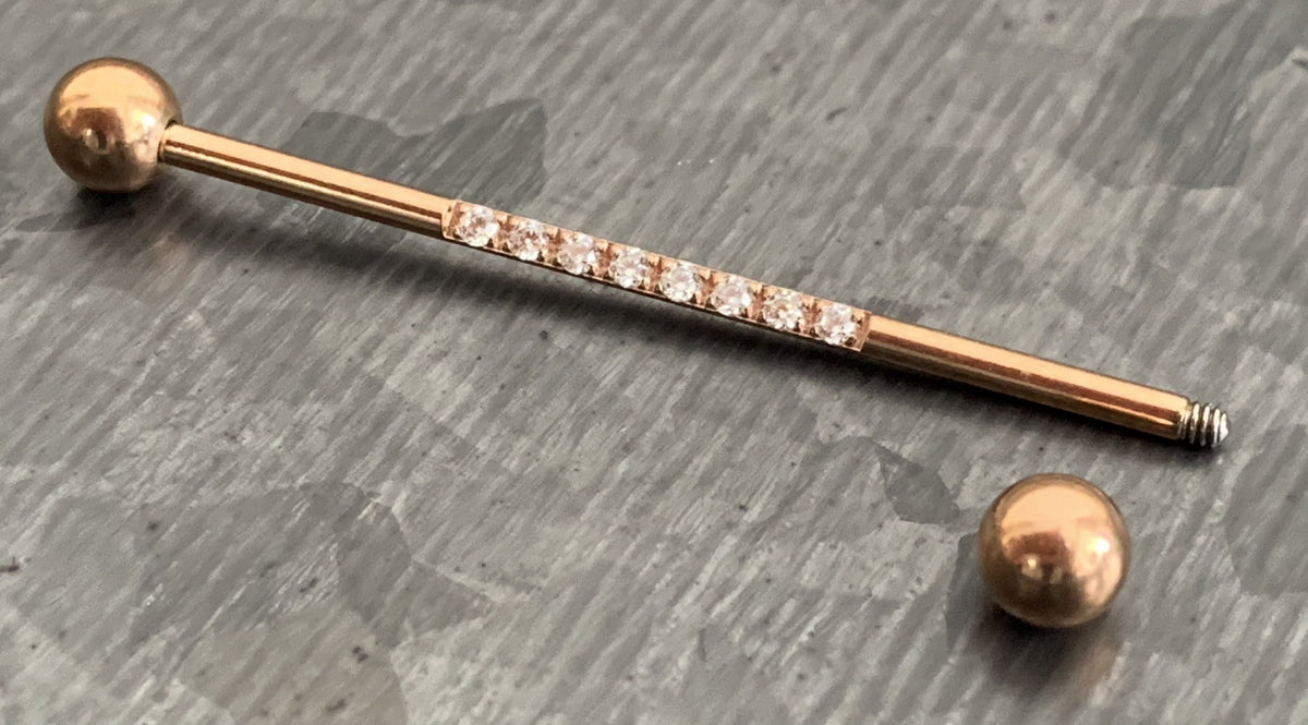 1 Piece Stunning CNC Set Lined CZ Gems Industrial Barbell - 14g, Length 38mm 1.5" - Silver, Black, Gold, Rose Gold and Multi-Color!