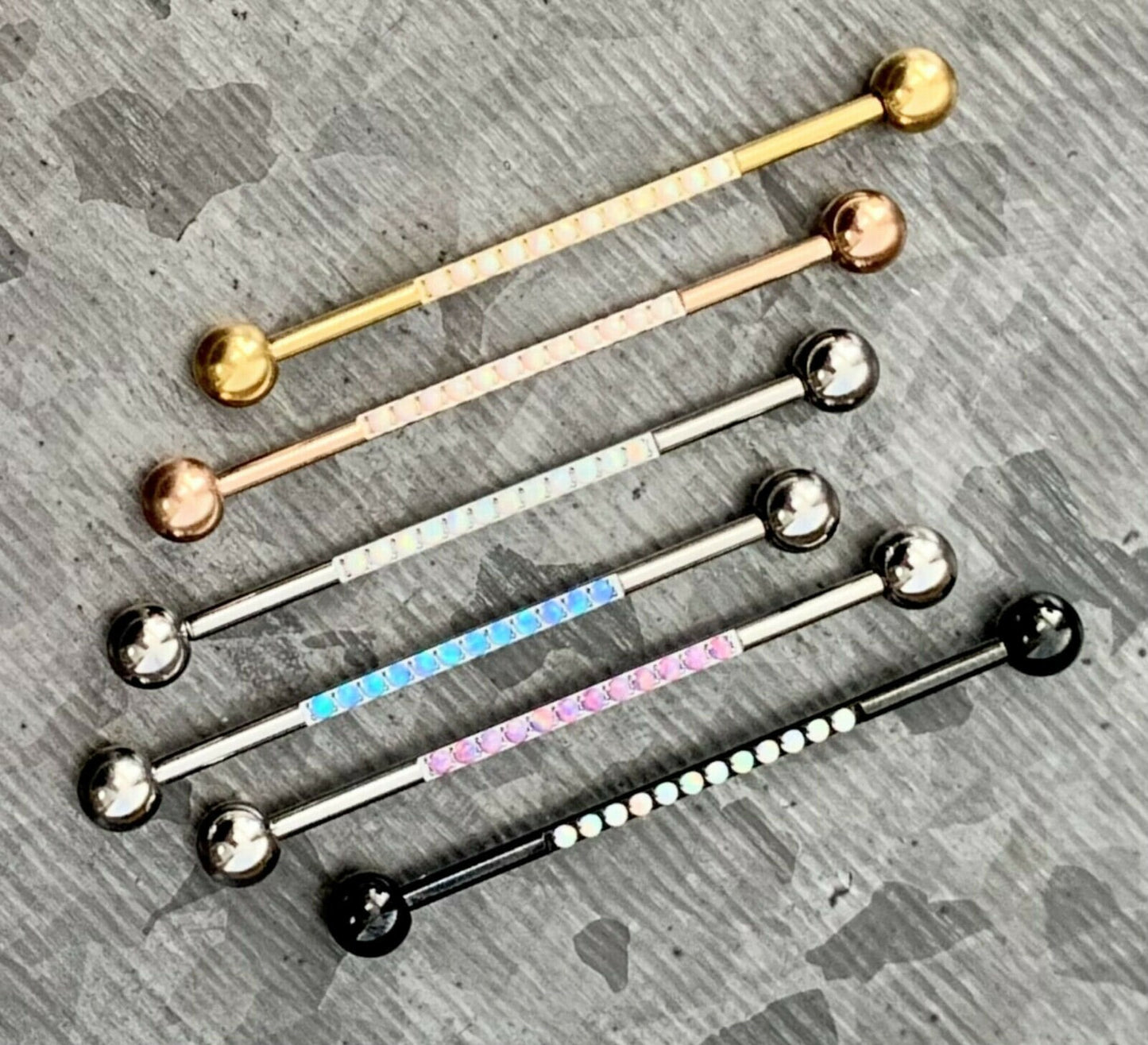 1 Piece of Implant Grade Titanium CNC Set Lined Opals Industrial Barbell - 14g, Length 38mm 1.5" - Silver, Black, Gold, and Rose Gold!!