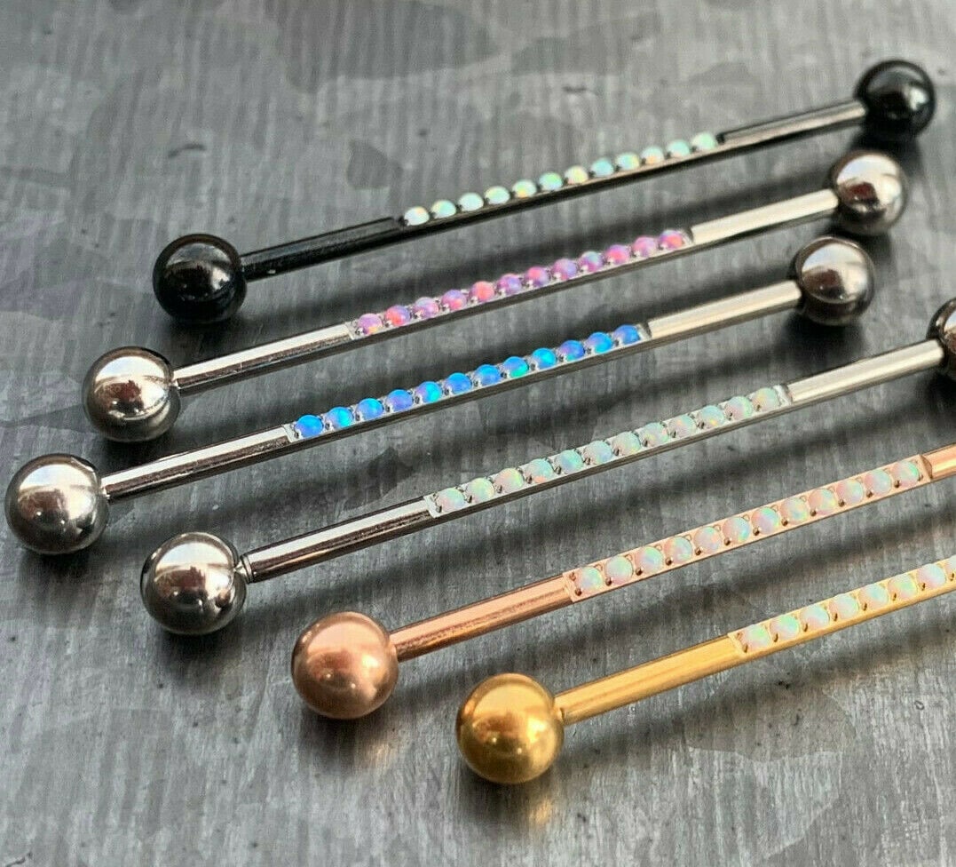 1 Piece of Implant Grade Titanium CNC Set Lined Opals Industrial Barbell - 14g, Length 38mm 1.5" - Silver, Black, Gold, and Rose Gold!!