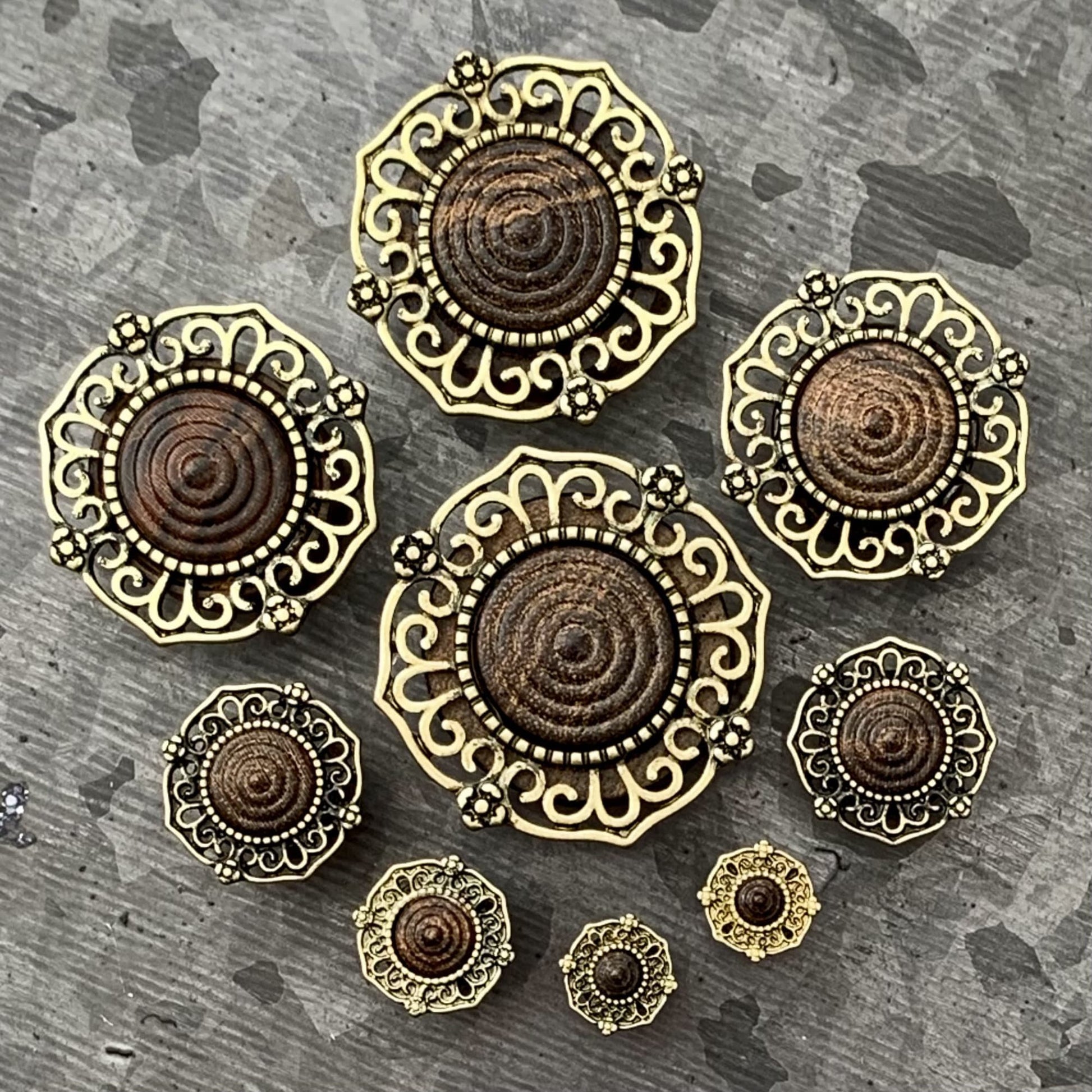 PAIR of Beautiful Antique Gold Plated Tribal Filigree Top Rose Wood Saddle Plugs