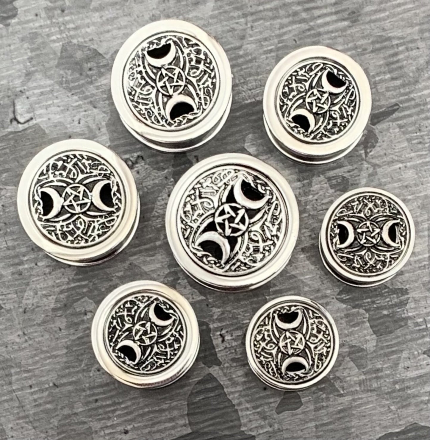 PAIR of Unique Pentagram Star & Two Crescent Moons Screw Fit Tunnels/Plugs - Gauges 00g (10mm) thru 5/8" (16mm) available!