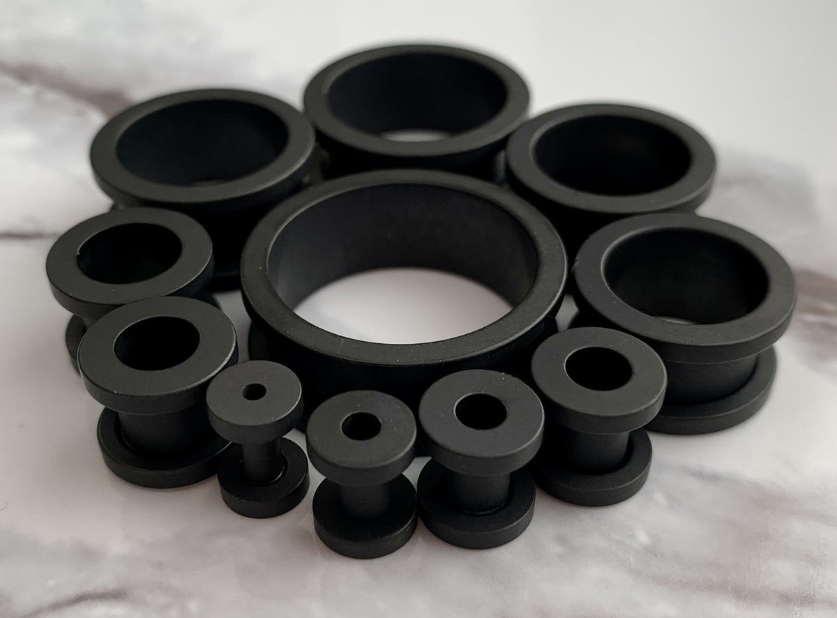 PAIR of Unique Black Matte Ion Plated Screw Fit Tunnels/Plugs - Gauges 8g (3mm) through 15/16" (24mm) available!