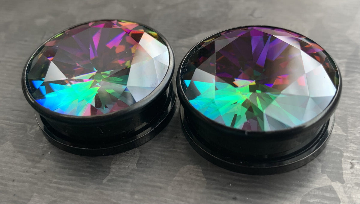 PAIR of Unique Large Vitrail Medium Gem Black Screw Fit Tunnels/Plugs - Gauges 8g (3.2mm) thru 1" (25mm) available!