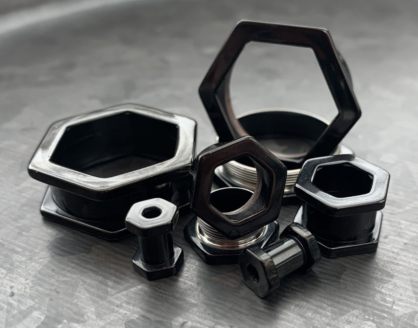 PAIR of Unique Hexagon Black Screw Fit Tunnels - Gauges 8g (3.2mm) thru 1" (25mm) available!