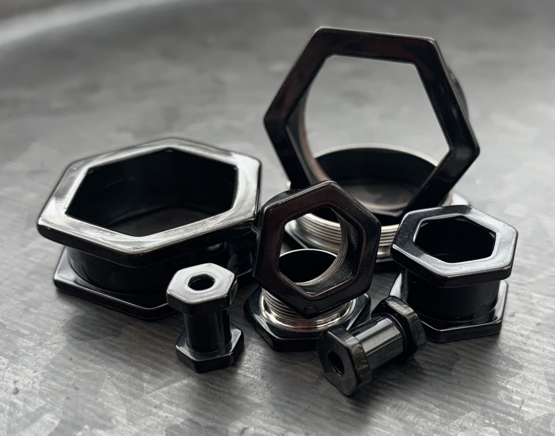 PAIR of Unique Hexagon Black Screw Fit Tunnels - Gauges 8g (3.2mm) thru 1" (25mm) available!
