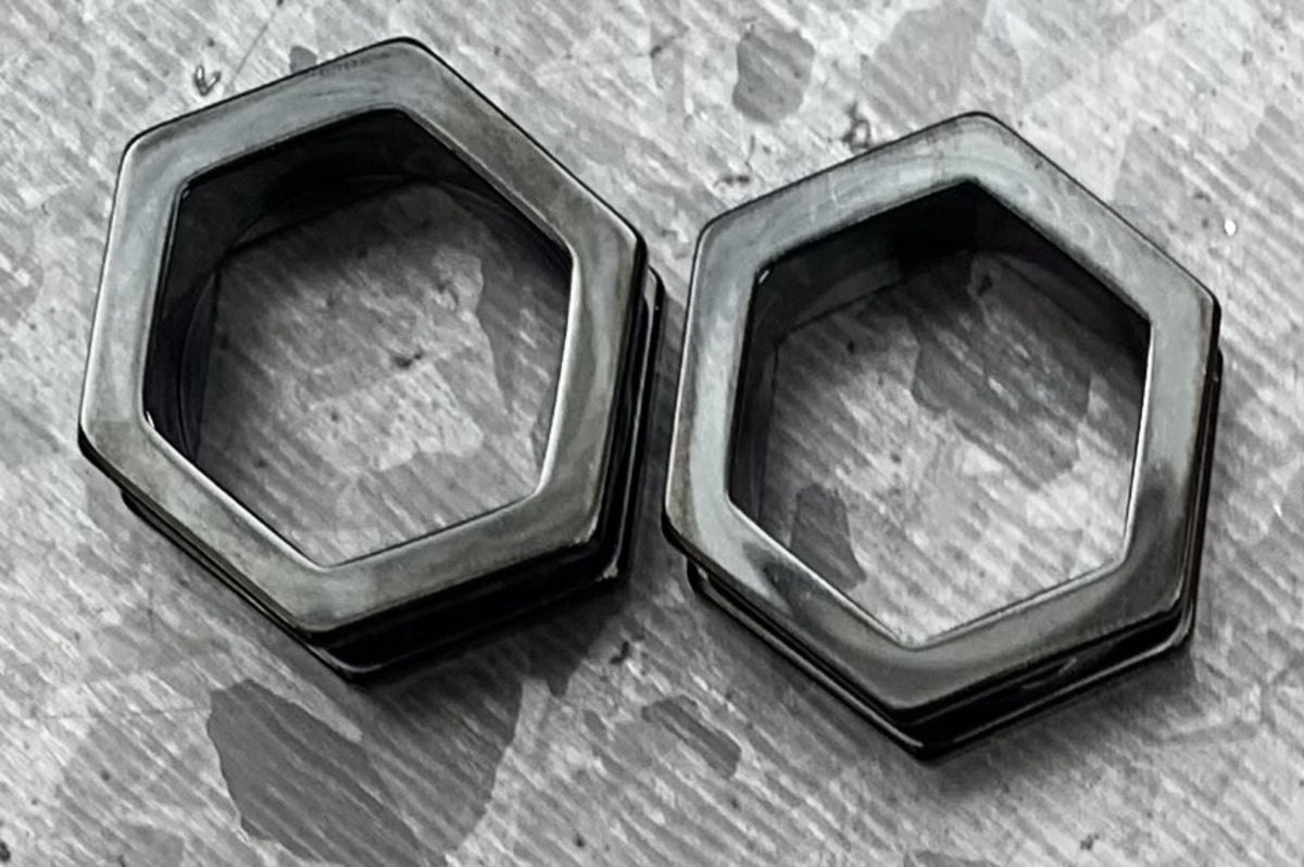 PAIR of Unique Hexagon Black Screw Fit Tunnels - Gauges 8g (3.2mm) thru 1" (25mm) available!