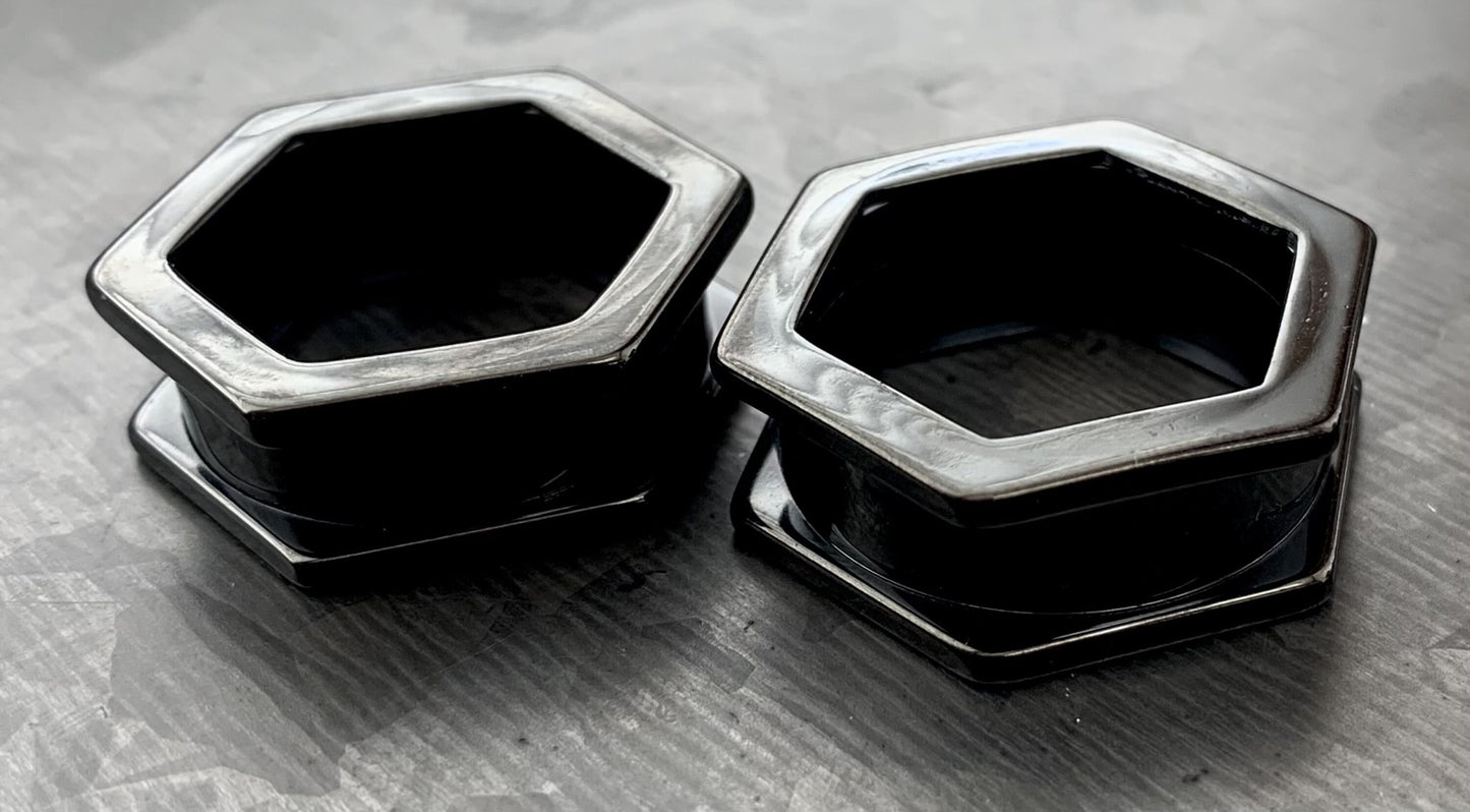 PAIR of Unique Hexagon Black Screw Fit Tunnels - Gauges 8g (3.2mm) thru 1" (25mm) available!