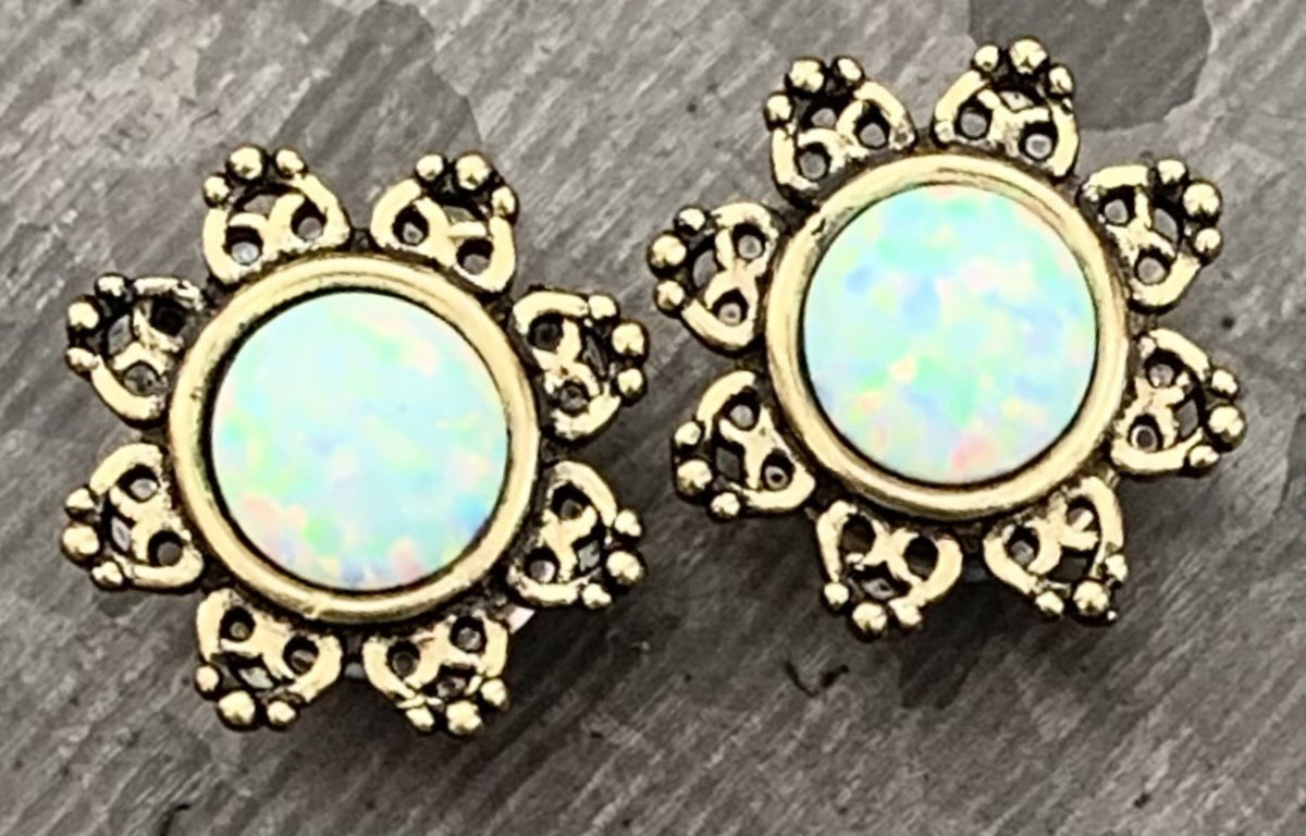 PAIR of Stunning Internally Threaded Lotus Flower with Opal Double Flare Tunnels/Plugs - Gauges 8g (3mm) thru 00g (10mm) available!