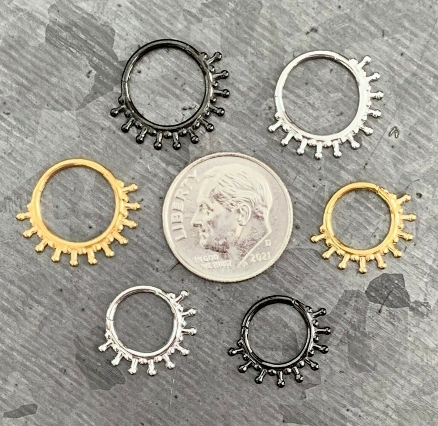 1 Piece Stainless Steel Beaded Ends Lined Hinged Septum Ring - 16g - Internal Diameter 8mm or 10mm - Black, Steel and Gold Available!