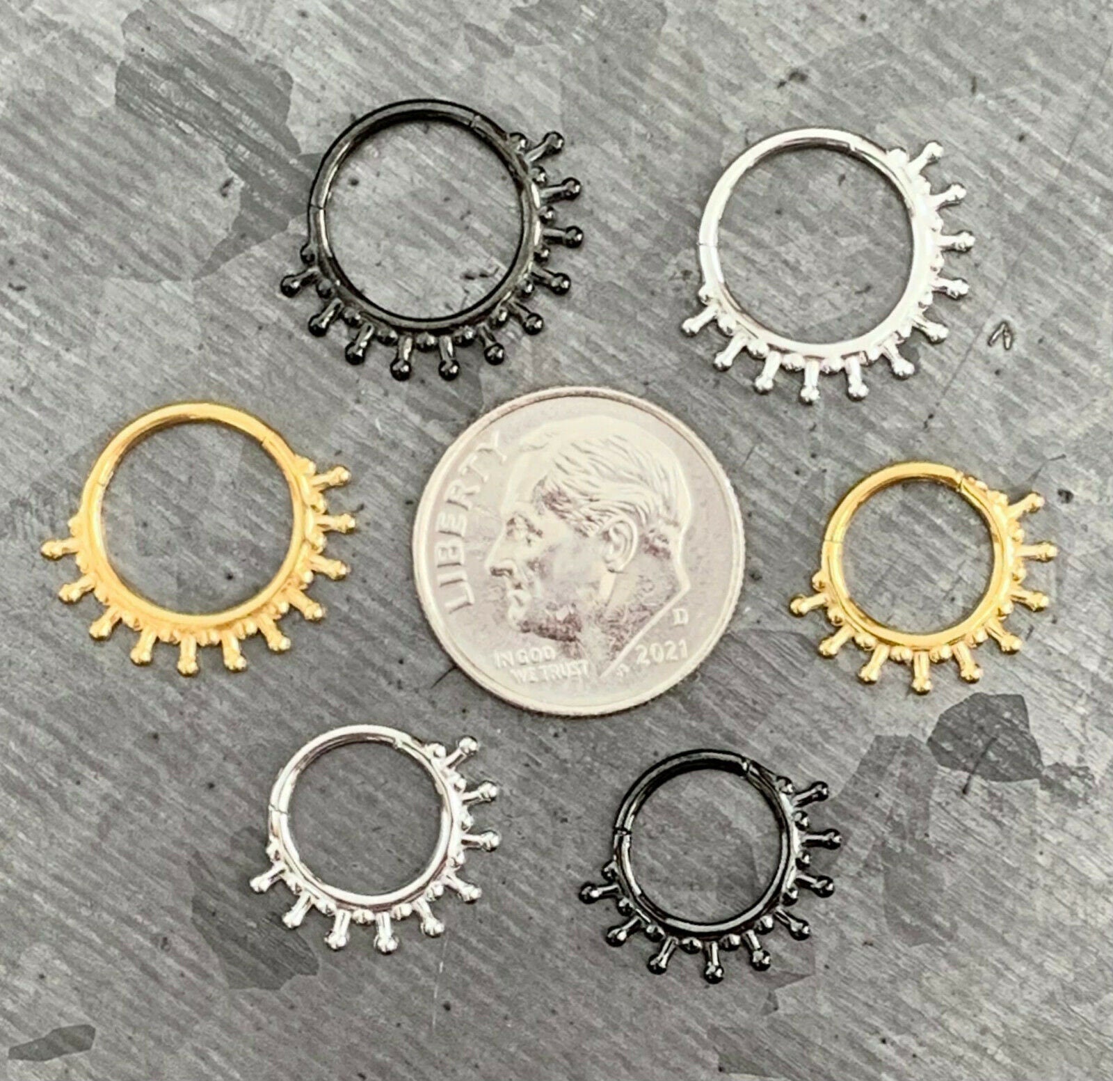 1 Piece Stainless Steel Beaded Ends Lined Hinged Septum Ring - 16g - Internal Diameter 8mm or 10mm - Black, Steel and Gold Available!