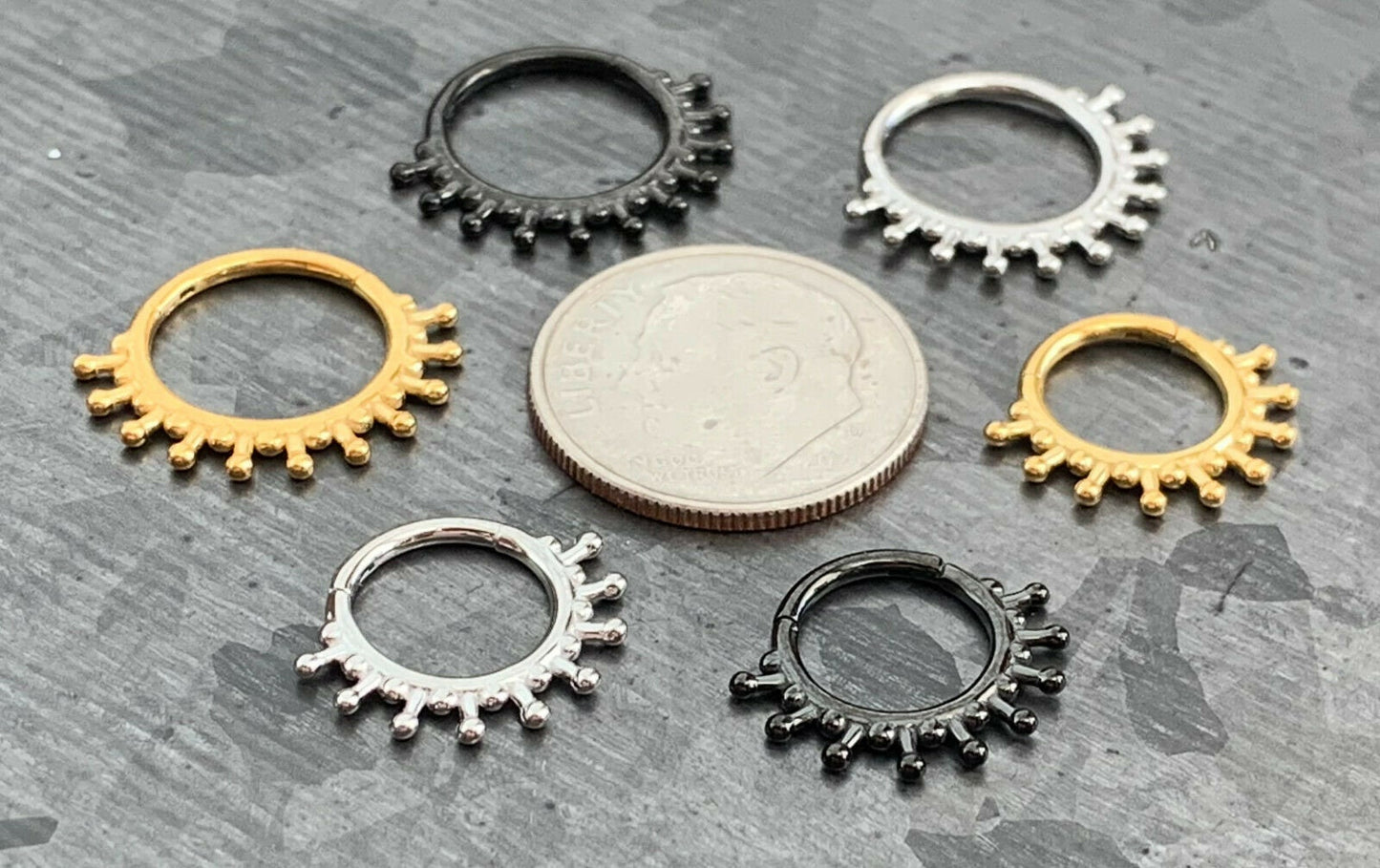 1 Piece Stainless Steel Beaded Ends Lined Hinged Septum Ring - 16g - Internal Diameter 8mm or 10mm - Black, Steel and Gold Available!