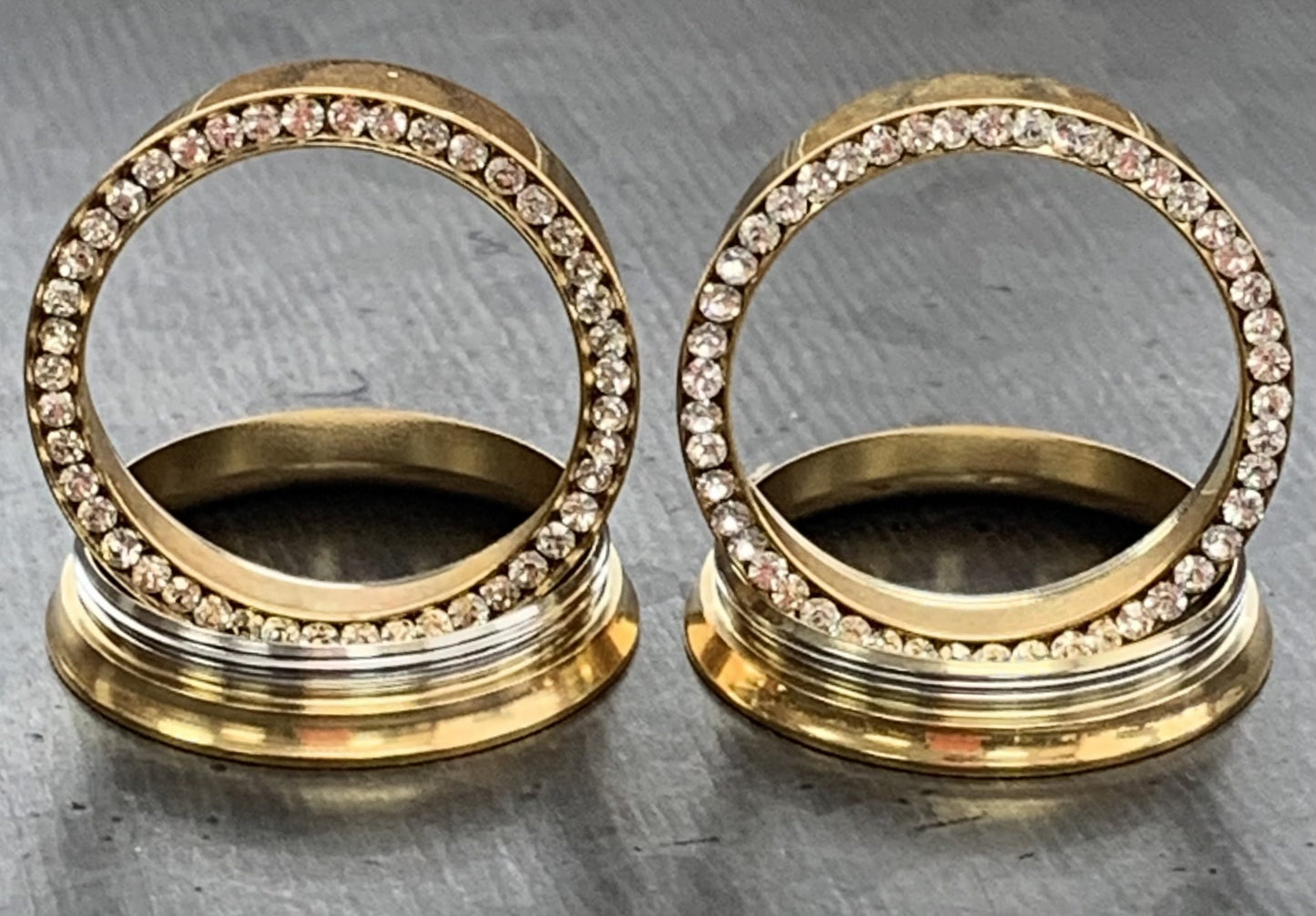 PAIR of Beautiful Gold CZ Gem Rimmed Internally Threaded Tunnels/Plugs - Gauge 6g (4mm) thru 1" (25mm) available!