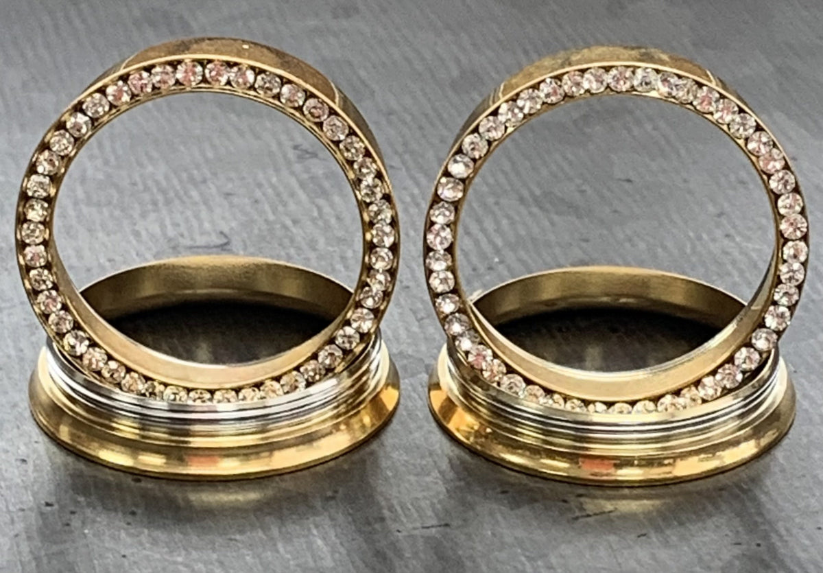 PAIR of Beautiful Gold CZ Gem Rimmed Internally Threaded Tunnels/Plugs - Gauge 6g (4mm) thru 1" (25mm) available!