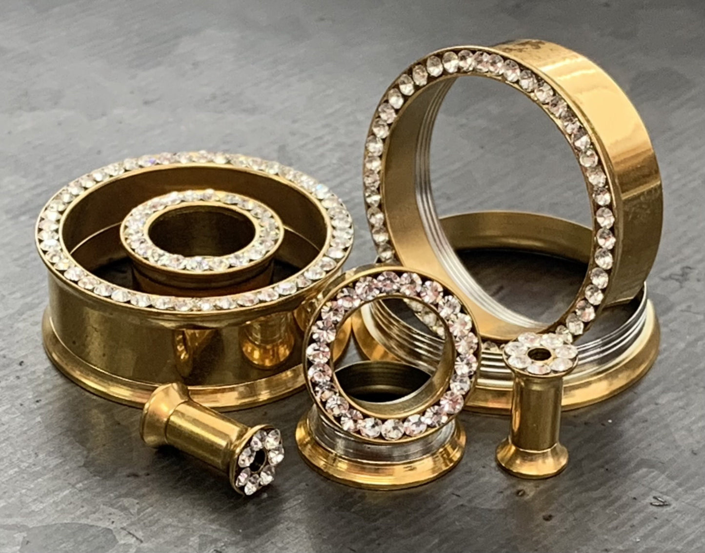 PAIR of Beautiful Gold CZ Gem Rimmed Internally Threaded Tunnels/Plugs - Gauge 6g (4mm) thru 1" (25mm) available!