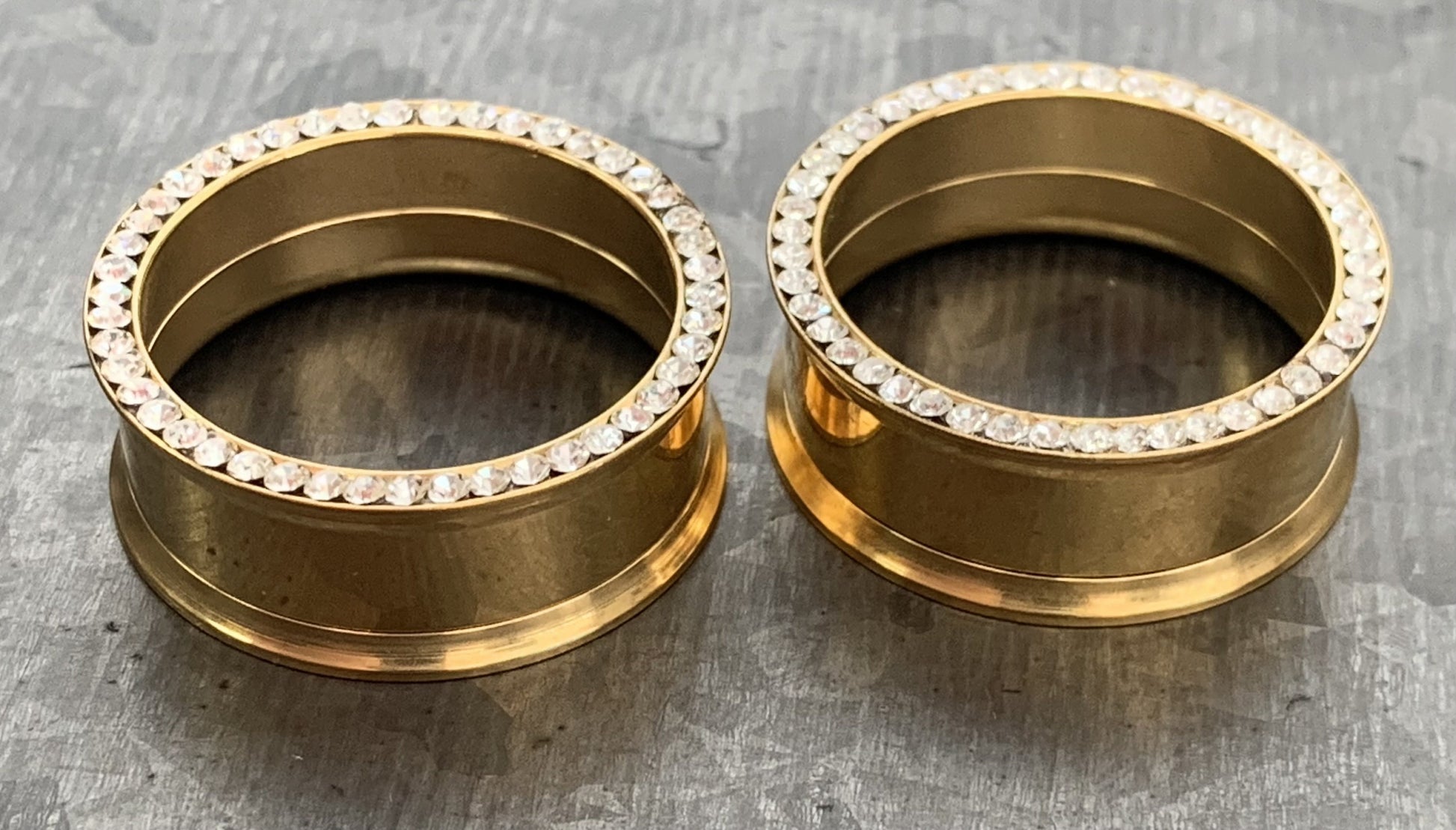 PAIR of Beautiful Gold CZ Gem Rimmed Internally Threaded Tunnels/Plugs - Gauge 6g (4mm) thru 1" (25mm) available!