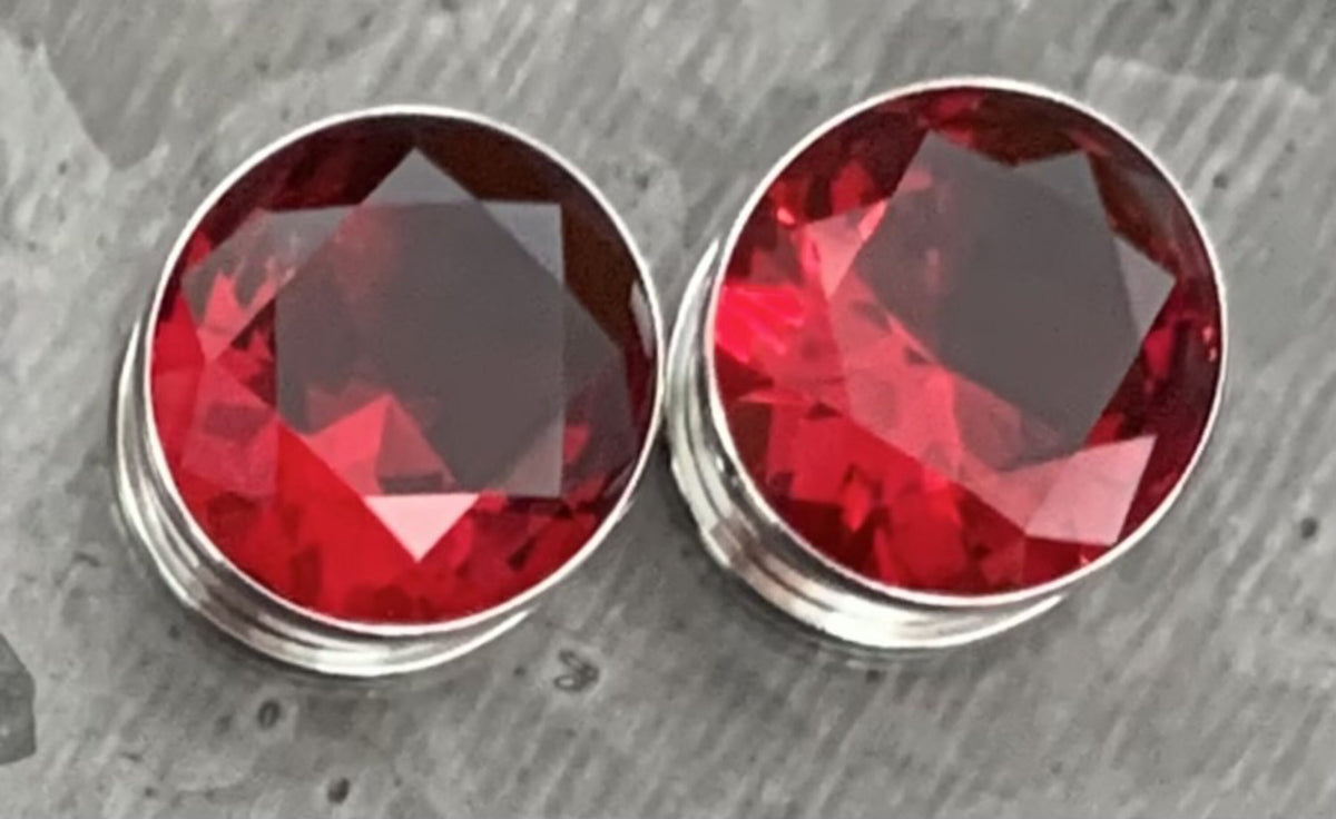 PAIR of Stunning Large Red CZ Gem Screw Fit Tunnels/Plugs - Gauges 4g (5mm) thru to 5/8" (16mm) available!
