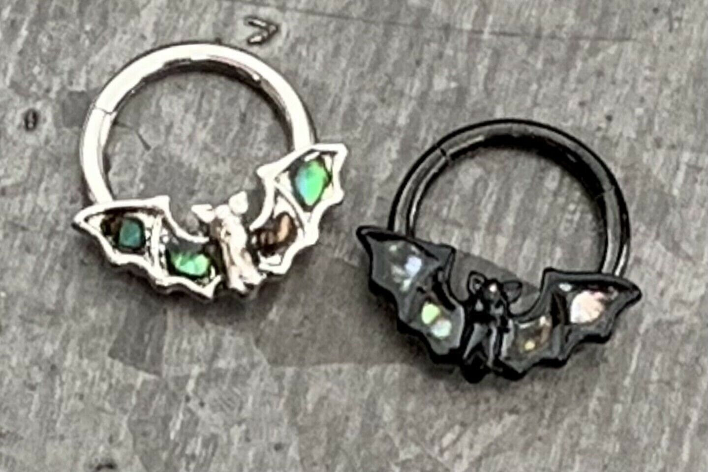 1 Piece Stunning Abalone Shell Bat Hinged Septum Segment Ring - 16g - 8mm Internal Diameter - Black & Silver Available!