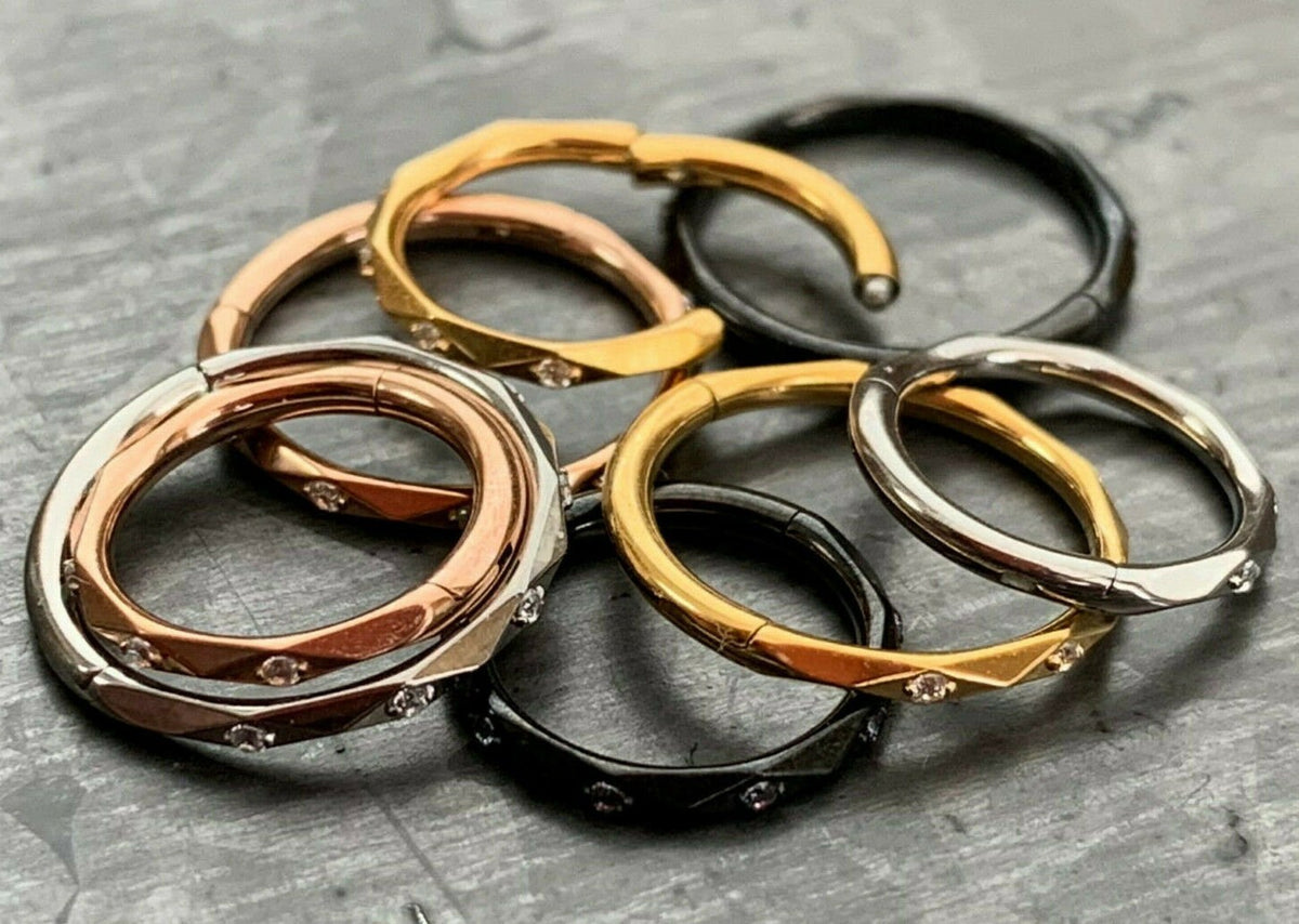 1 Piece Implant Grade Titanium Faceted CZ Gem Hinged Segment Septum Ring - 16g in 10mm or 8mm - Silver, Gold, Rose Gold & Black available!