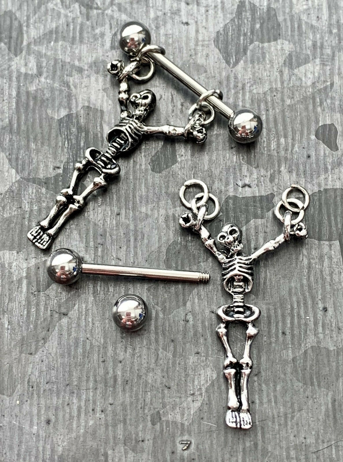 PAIR of Unique Dangling Skeleton Design Steel Nipple Barbells/Shields/Rings - Barbell 14g, 16mm (5/8"), Wearable length 14mm (916")!