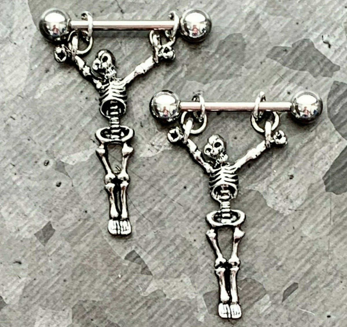 PAIR of Unique Dangling Skeleton Design Steel Nipple Barbells/Shields/Rings - Barbell 14g, 16mm (5/8"), Wearable length 14mm (916")!