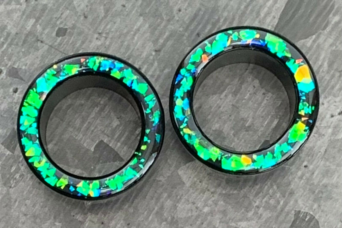 PAIR of Stunning Green Opal Glitter Rimmed Black Screw Fit Tunnels/Plugs - Gauges 0g (8mm) thru 5/8" (16mm) available!