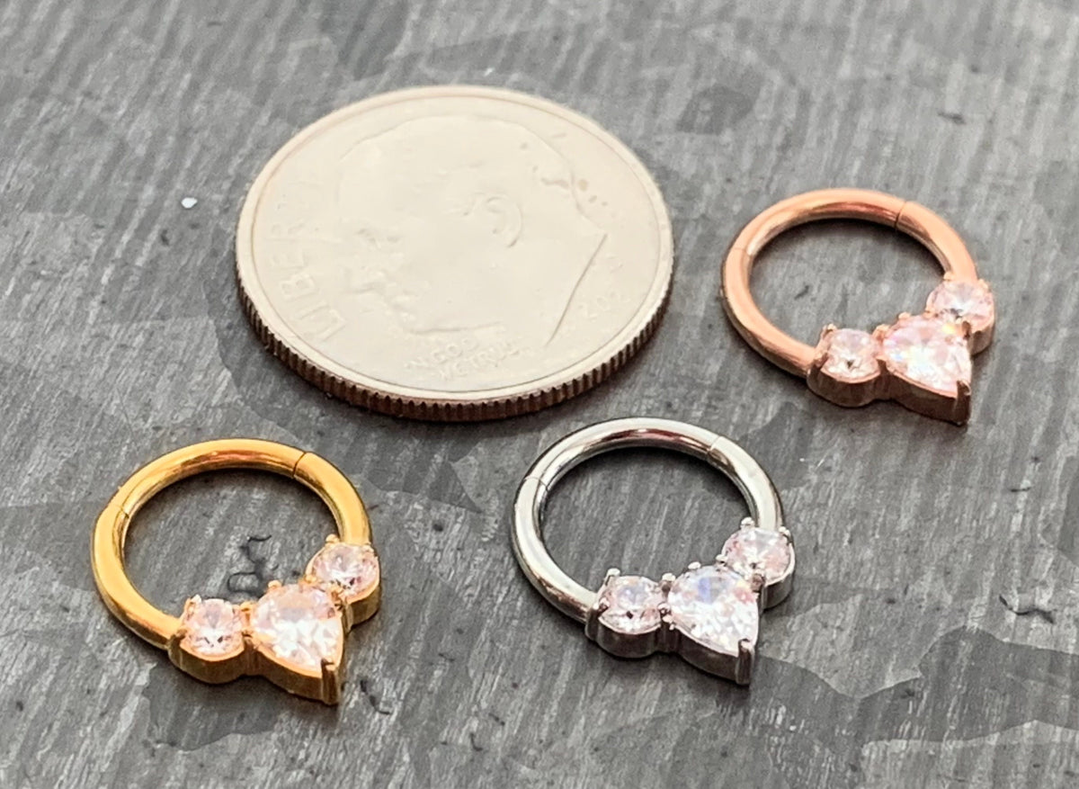 1 Piece Stunning Pear CZ Gem Surgical Steel Hinged Segment Ring - 16g - 8mm Internal Diameter - Gold, Rose Gold and Silver!!
