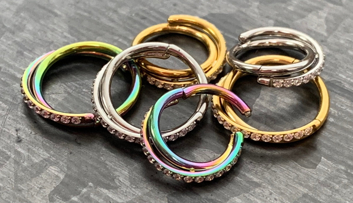 1 Piece Stunning Criss Cross Hoop CZ Gem Steel Hinged Segment Ring - 16g - 8mm or 10mm - Multi-Color, Gold and Silver available!