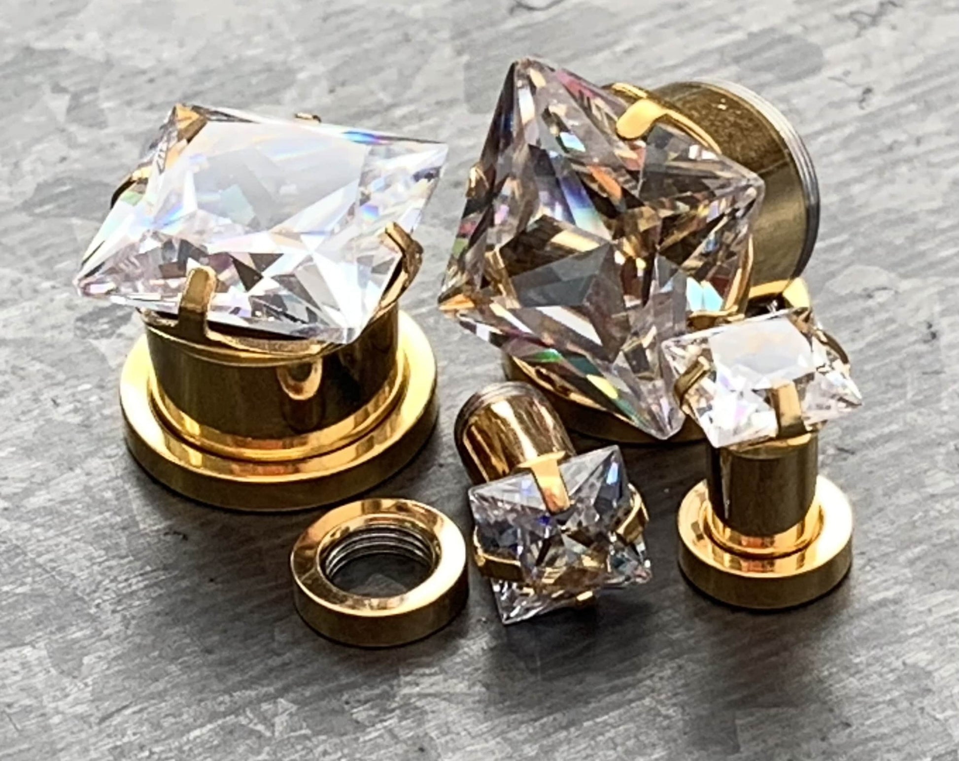 PAIR of Stunning Gold Large Square CZ Gem Steel Screw Fit Tunnels/Plugs - Gauges 8g (3.2mm) thru 1/2" (12mm) available!