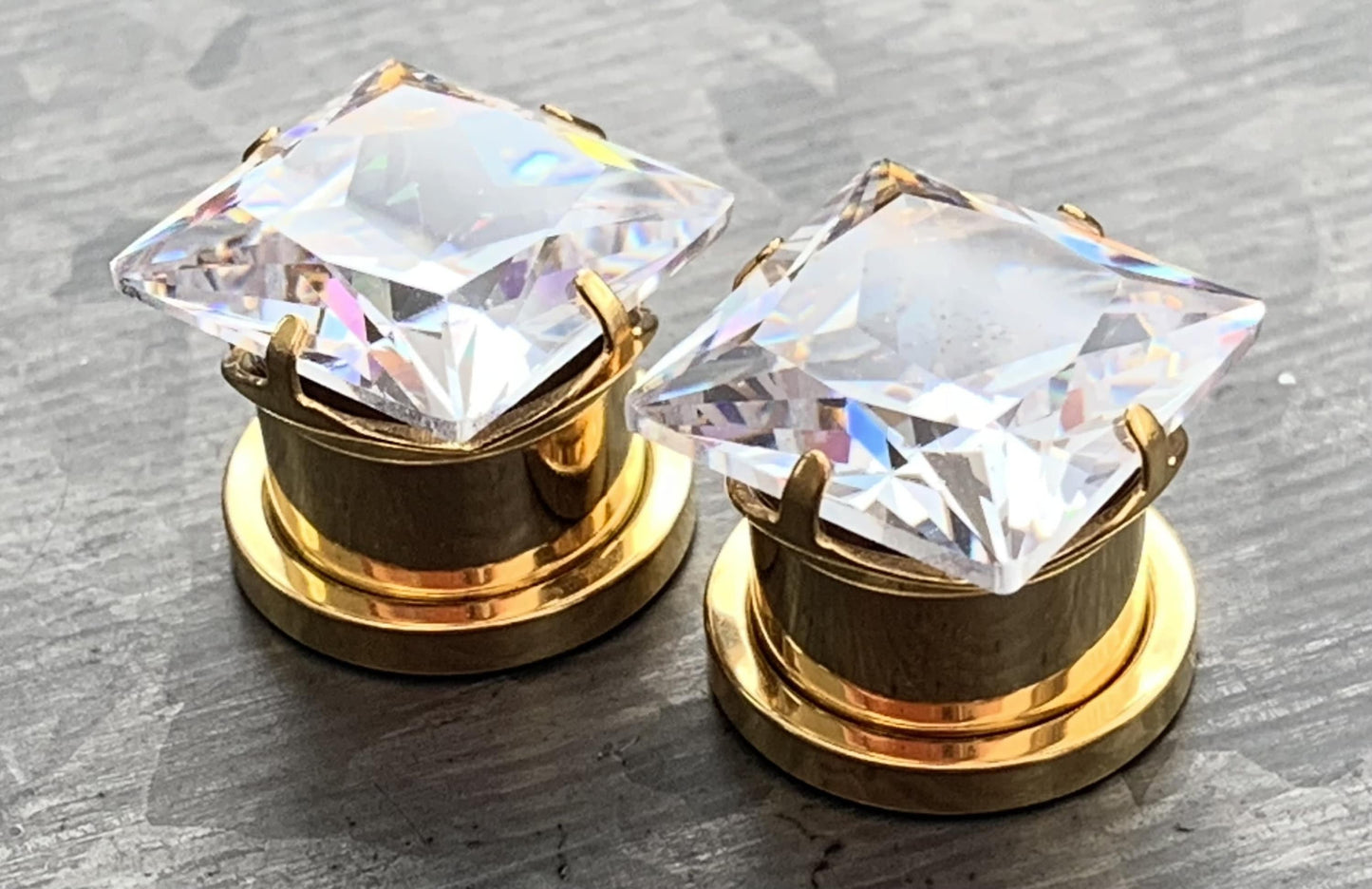 PAIR of Stunning Gold Large Square CZ Gem Steel Screw Fit Tunnels/Plugs - Gauges 8g (3.2mm) thru 1/2" (12mm) available!