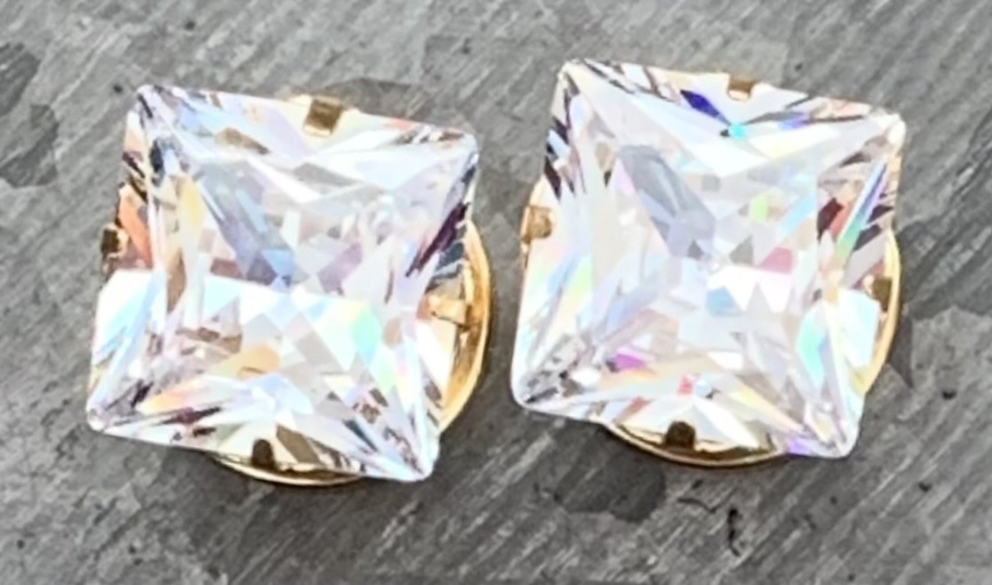 PAIR of Stunning Gold Large Square CZ Gem Steel Screw Fit Tunnels/Plugs - Gauges 8g (3.2mm) thru 1/2" (12mm) available!