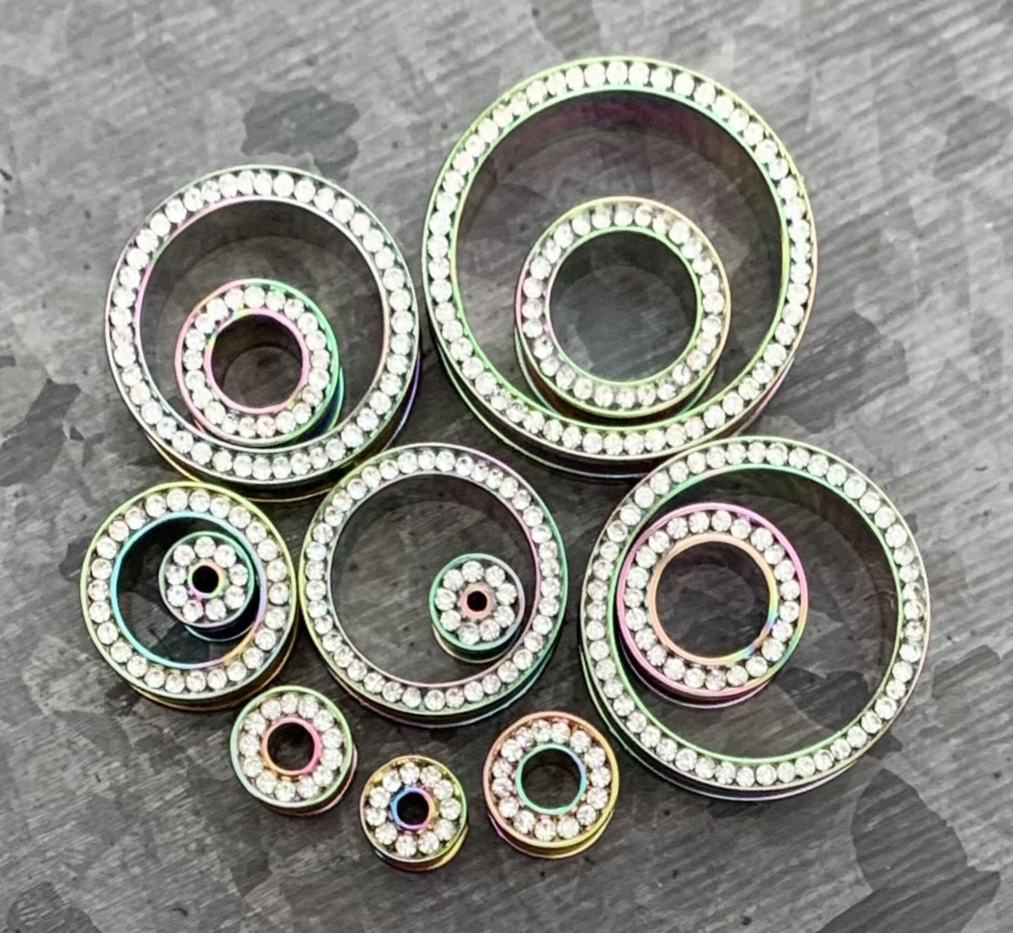 PAIR of Unique Rainbow PVD plated CZ Gem Rimmed Tunnels/Plugs - Gauge 10g (2.5mm) thru 1" (25mm) available!