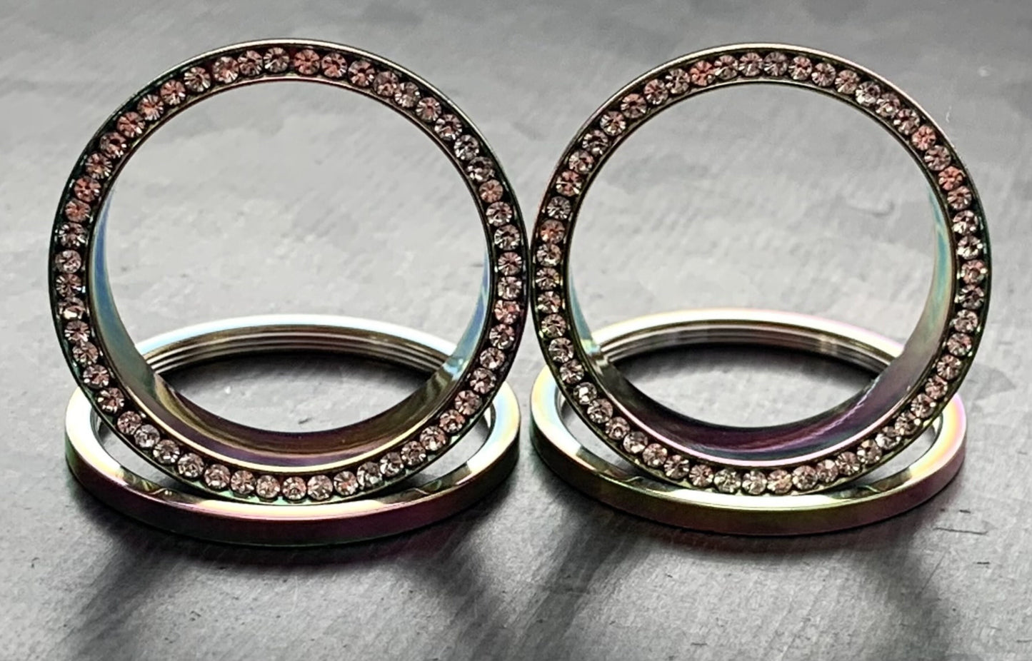 PAIR of Unique Rainbow PVD plated CZ Gem Rimmed Tunnels/Plugs - Gauge 10g (2.5mm) thru 1" (25mm) available!