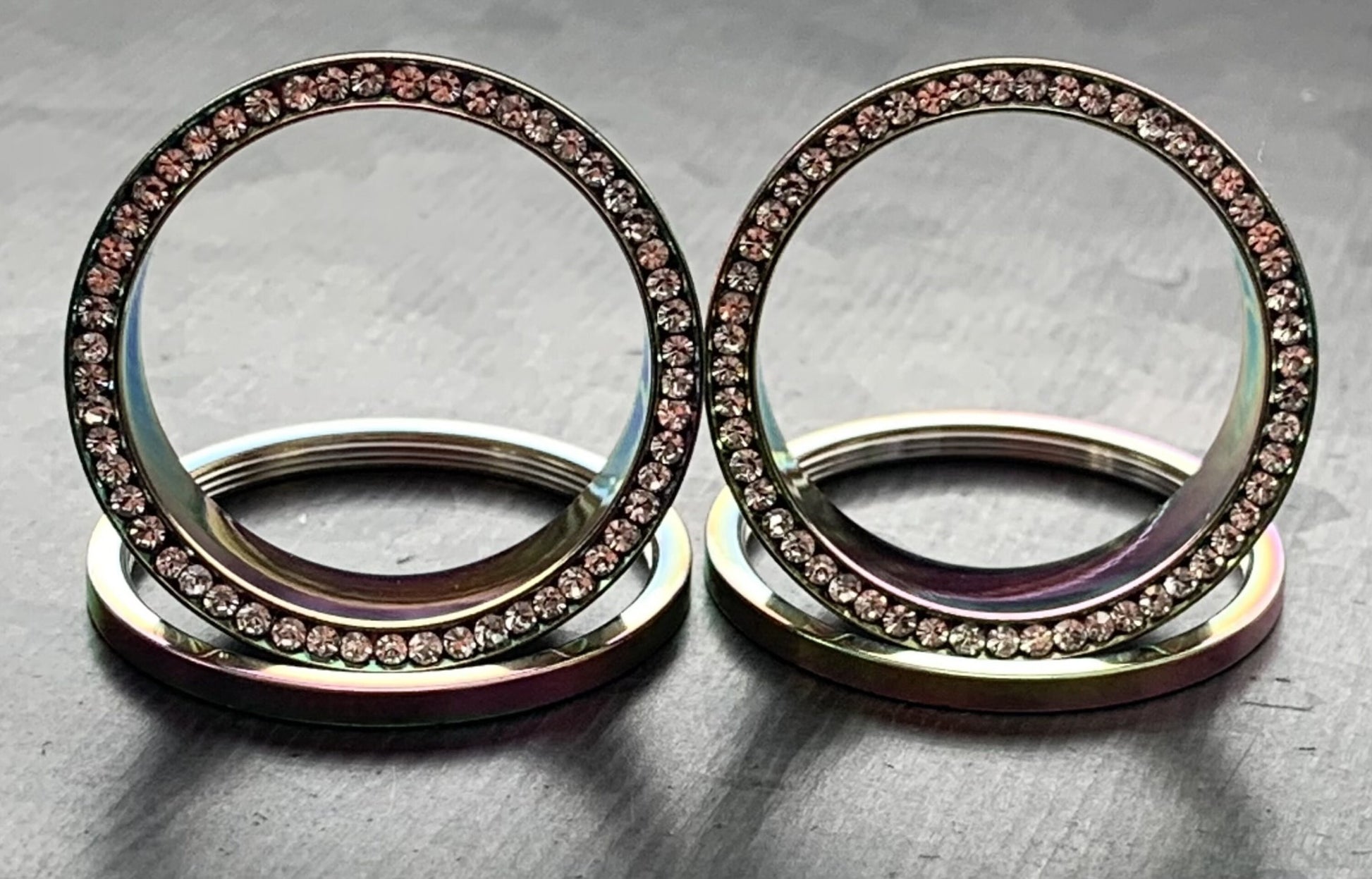 PAIR of Unique Rainbow PVD plated CZ Gem Rimmed Tunnels/Plugs - Gauge 10g (2.5mm) thru 1" (25mm) available!