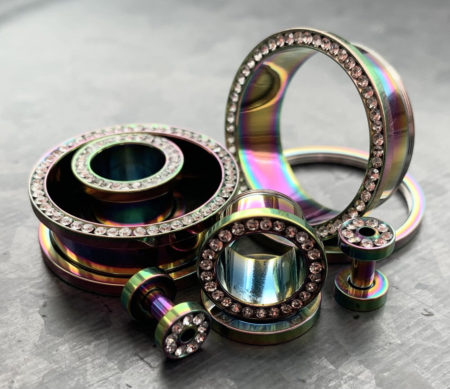 PAIR of Unique Rainbow PVD plated CZ Gem Rimmed Tunnels/Plugs - Gauge 10g (2.5mm) thru 1" (25mm) available!